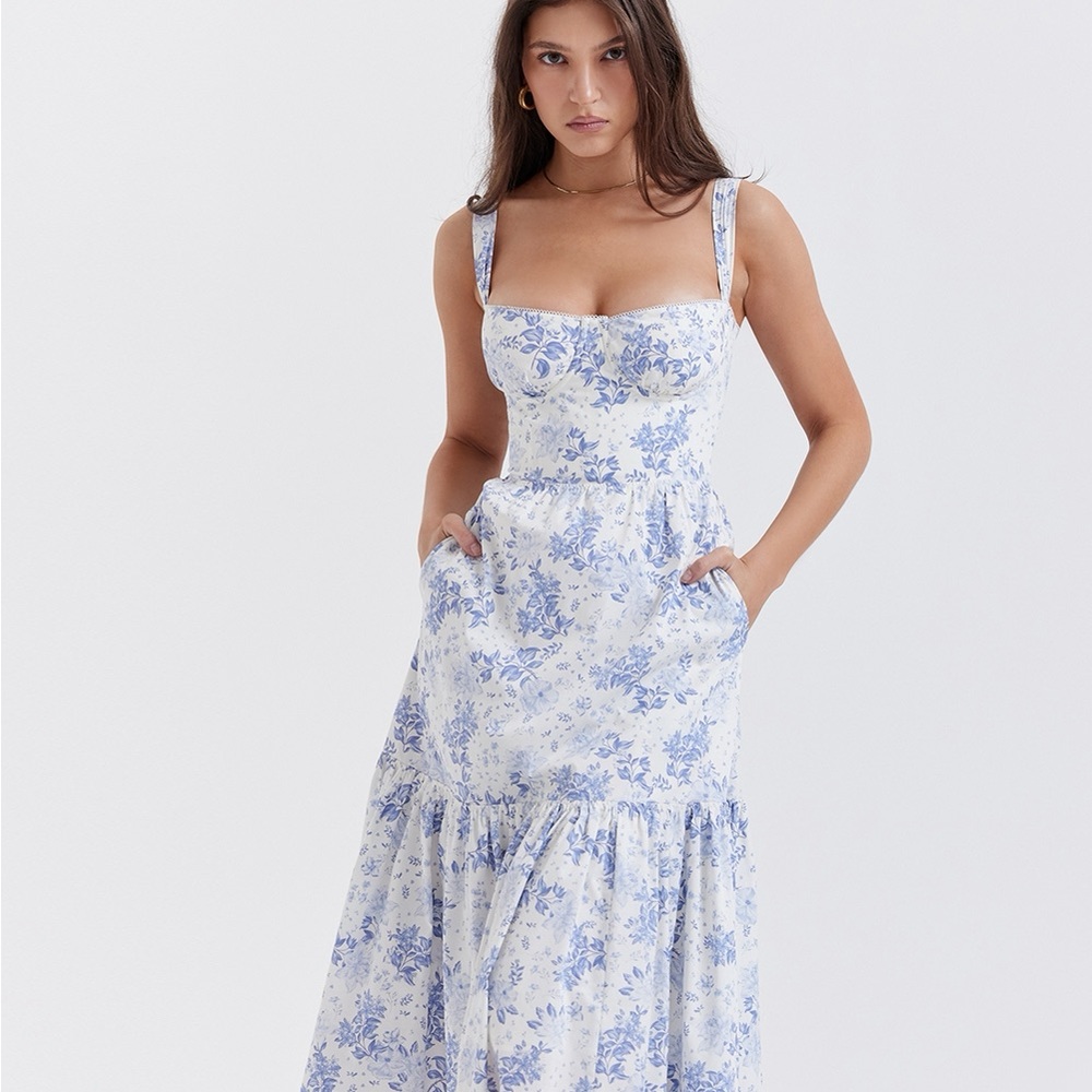 House of CB White and Light Blue Floral Midi Dress
